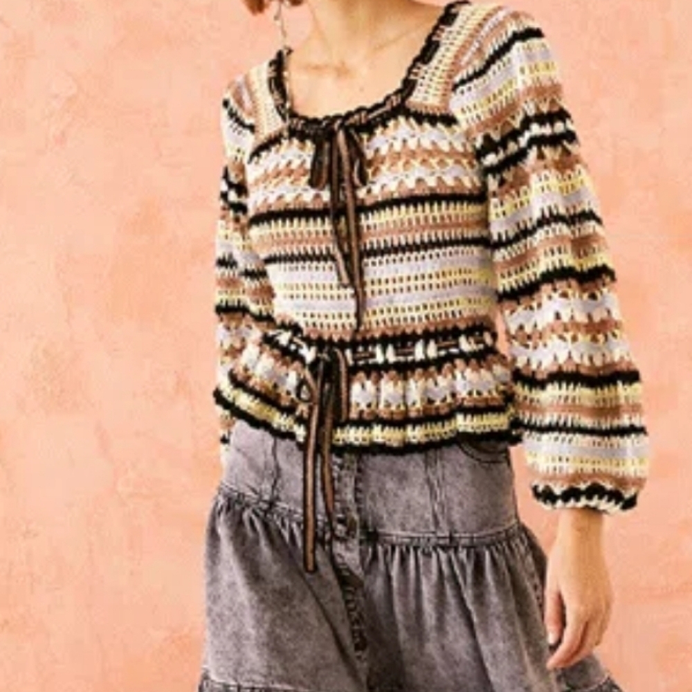 Ulla Johnson Constanza puff sleeves multicolor Striped crochet peplum top sz S